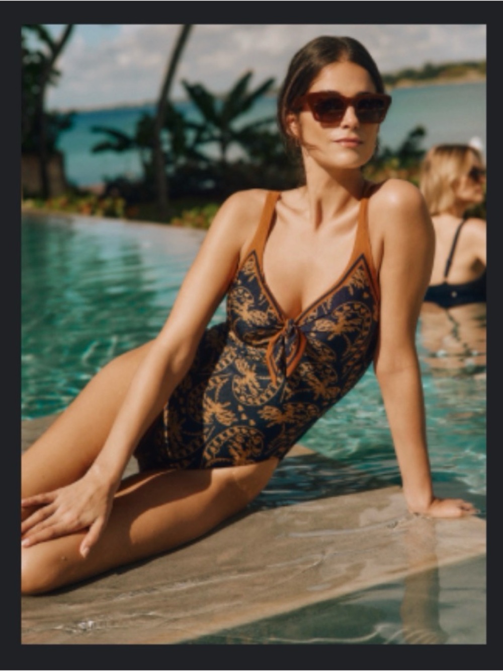 Navy & Mustard Floral One-Piece Swimsuit with Front Knot